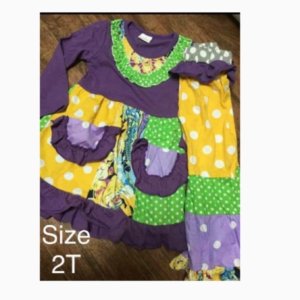 New 2pc polka dot purple yellow ruffle pants set